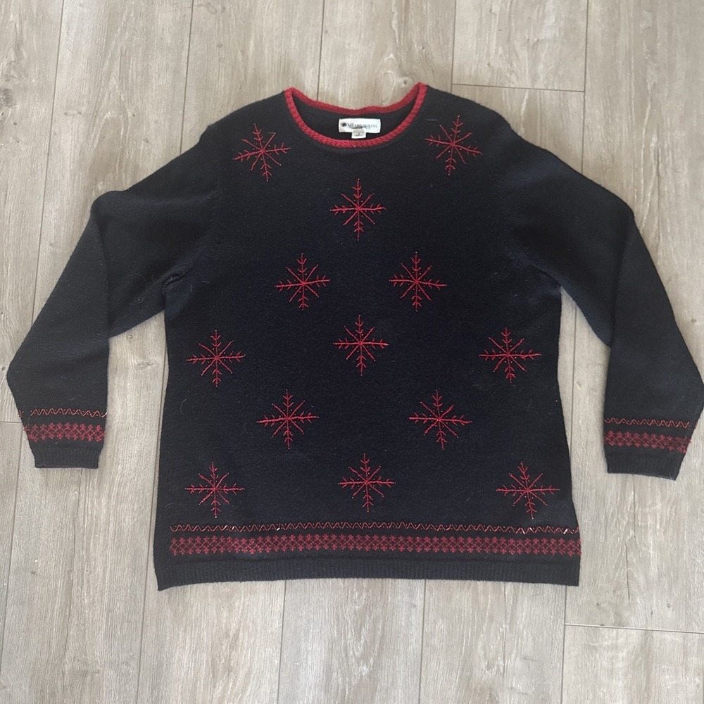 VTG Ugly Sweater 90s August‎ Max knit Black holiday sweater beaded snowflakes X